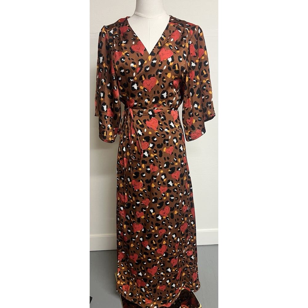 Liquorish Wrap Maxi Dress US 6 Brown Leopard Heart Print Kimono Sleeve Boho